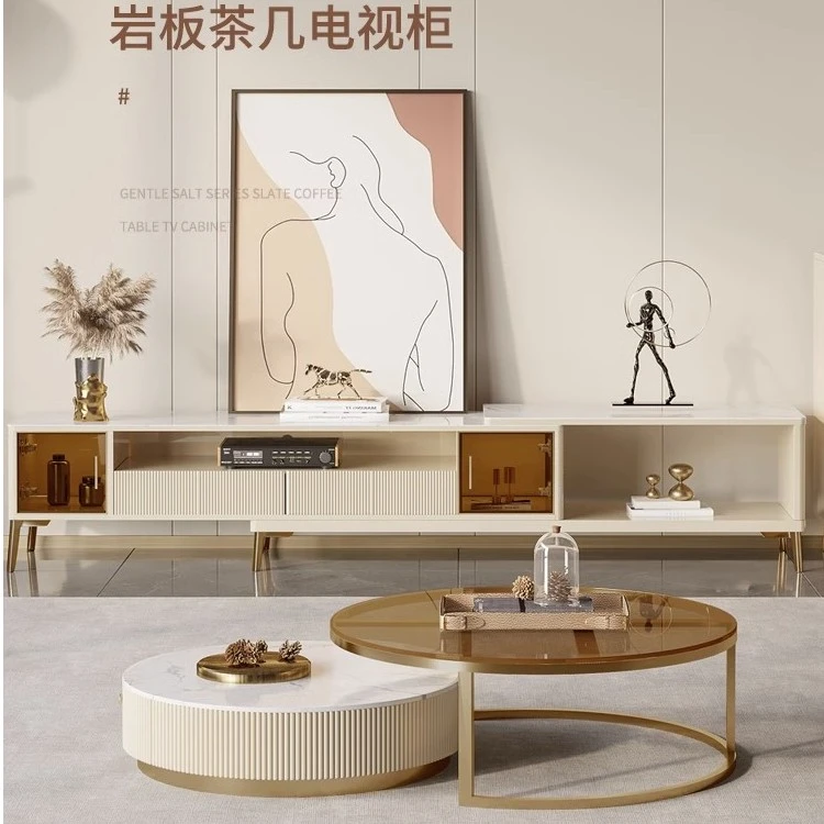 亮光岩板茶几电视柜组合大小户型多抽储物家用方形茶几T72