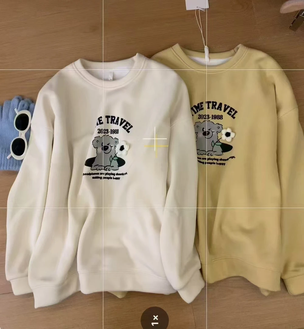 百大红人上新秋冬加绒保暖圆领卫衣女宽松百搭小个子印花上衣卡通