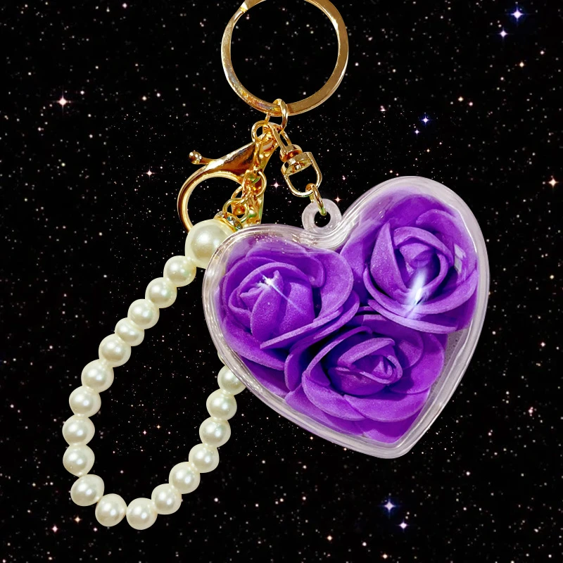 玫瑰爱心珍珠汽车钥匙扣金属男女包挂件钥匙链圈婚礼新娘伴手礼品