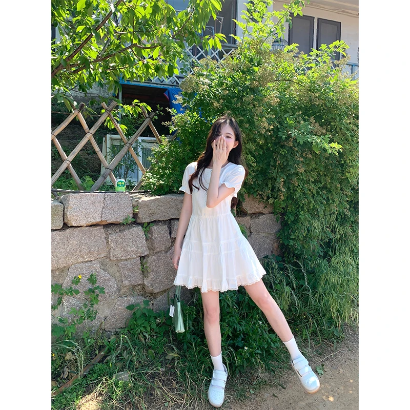 cozydays 气质简约白色方领连衣裙女夏季温柔风收腰A字裙C0233