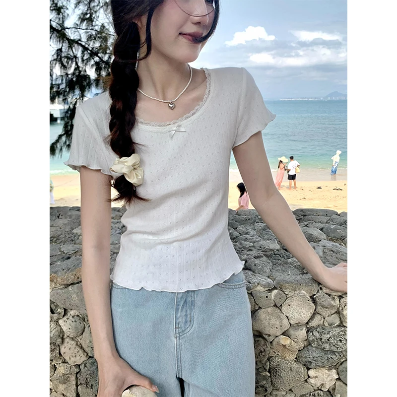 cozydays蝴蝶结蕾丝边短款T恤女设计感小众夏季显瘦短袖上衣A0661