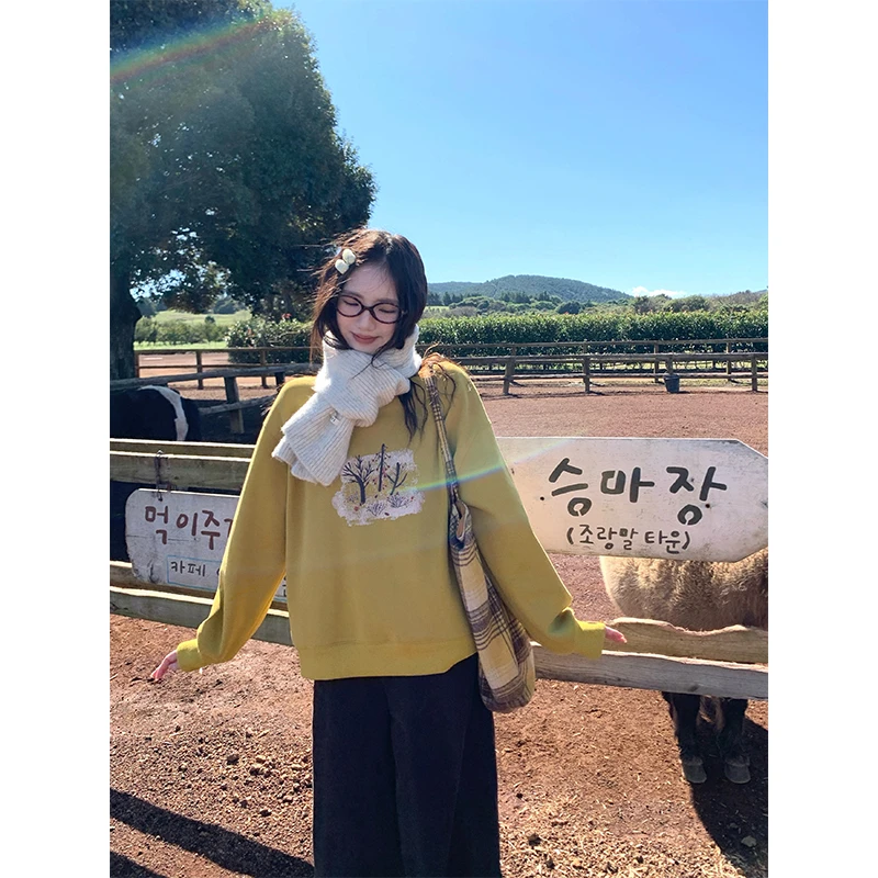 cozydays秋叶黄印花加绒加厚卫衣女冬季圆领套头慵懒上衣A0721