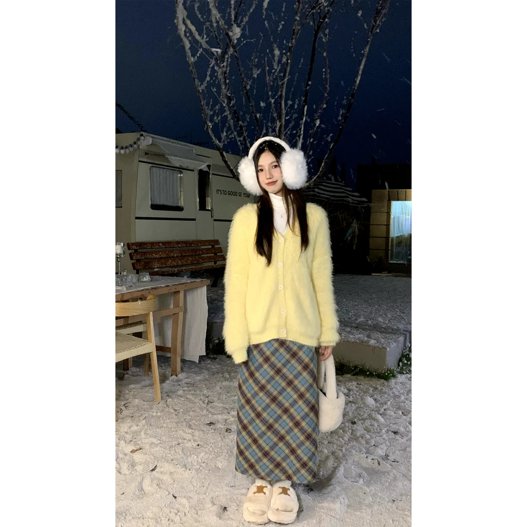 cozydays复古蓝棕撞色格纹半身短裙女冬季高腰B0238直筒裙B0239