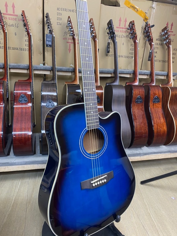 高档单板电箱吉他蓝色民谣木吉他两用吉他