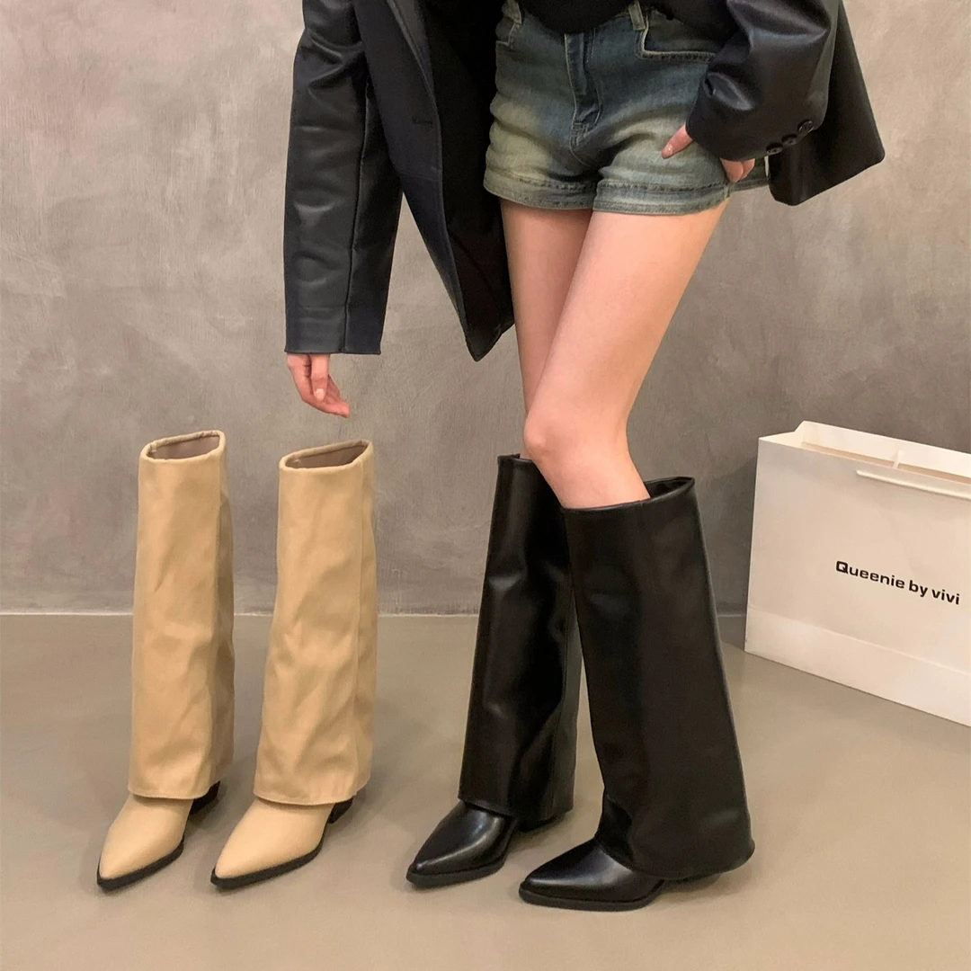高跟杏色尖头裤管中筒长靴女鞋2024新款春秋单季黑色骑士长筒靴子