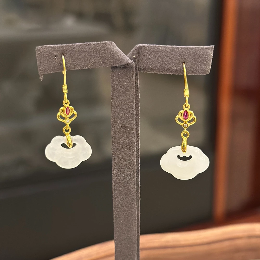 和田玉白如意耳饰耳坠高定手工珐琅掐丝新中式温润优雅