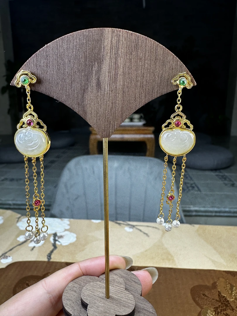 钱袋子和田玉珐琅新中式复古耳饰彩绘复古气质款