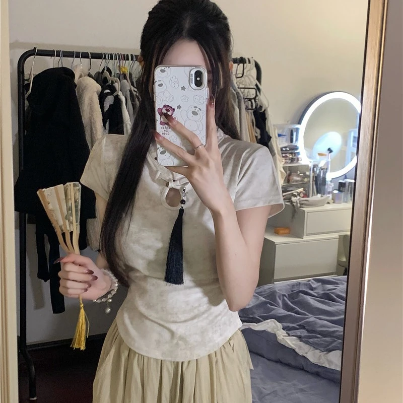 新中式正肩短袖T恤2024夏季新款女收腰修身显瘦复古国风短款上衣