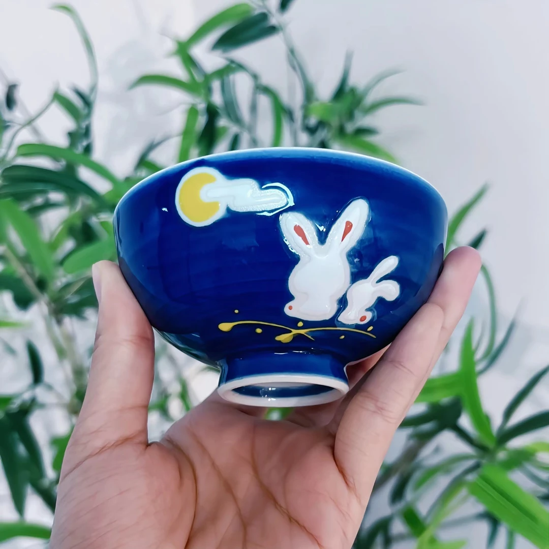 善山手绘兔子小茶碗纯手工釉下彩蓝色陶瓷