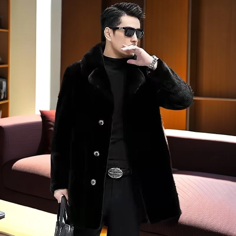 进口水貂皮草外套男士大衣中长款西服领商务男装休闲时尚高品质..