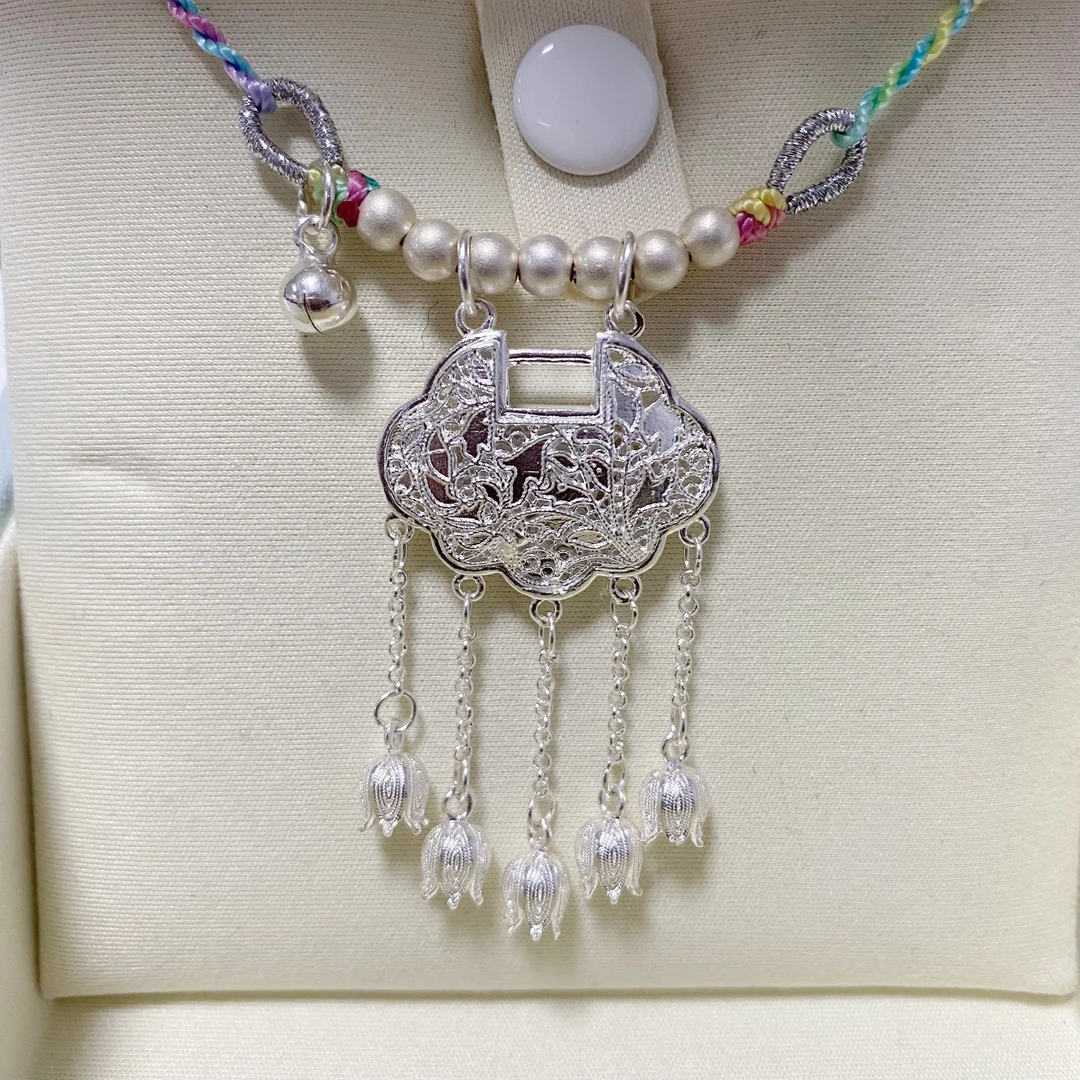 吊坠足银 【初浔银饰】足银璎珞锁包 时尚 编织 纯手工 银制品 编绳