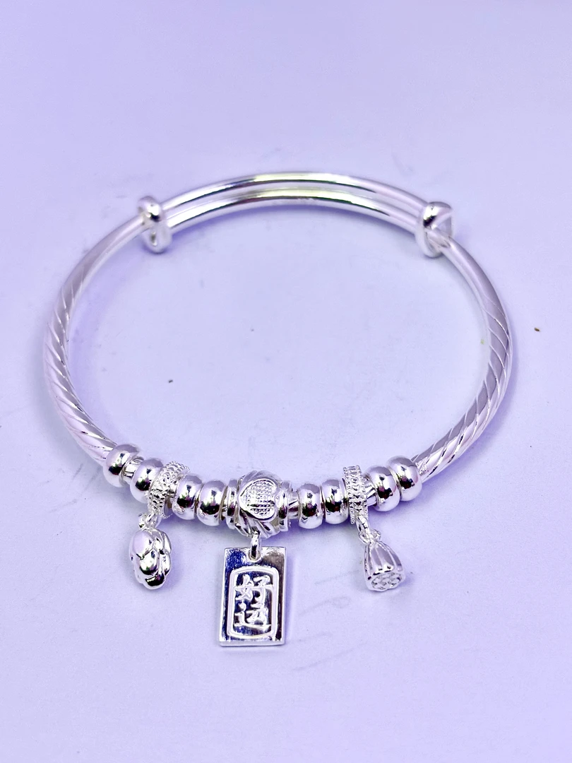 足银手镯 999.9足银好运连连推拉光面手镯时尚气质精美