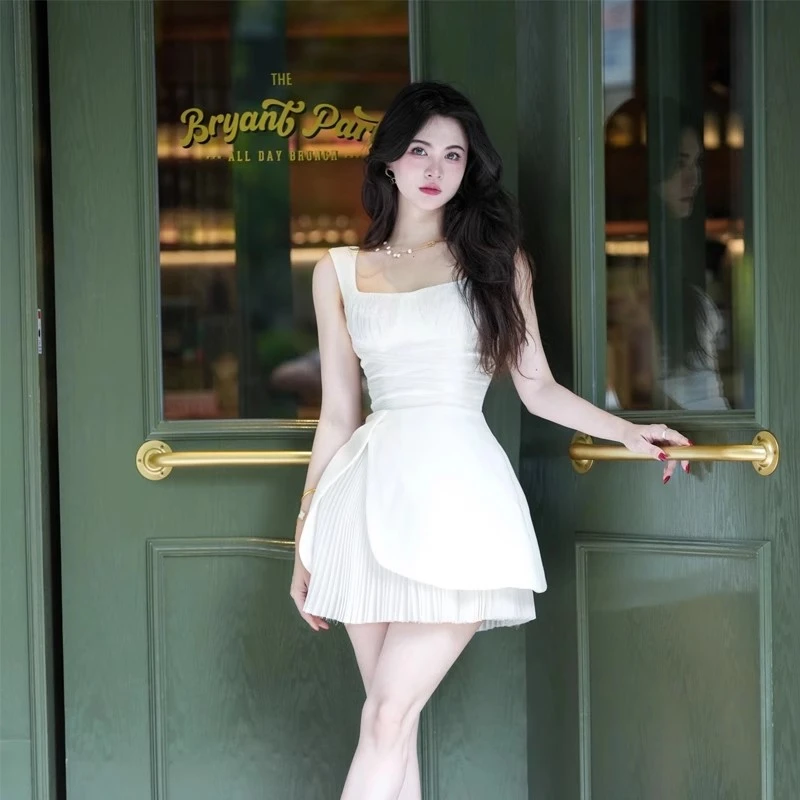 现货法式赫本风白色连衣裙女夏季女小个子气质优雅chic显瘦蓬蓬裙