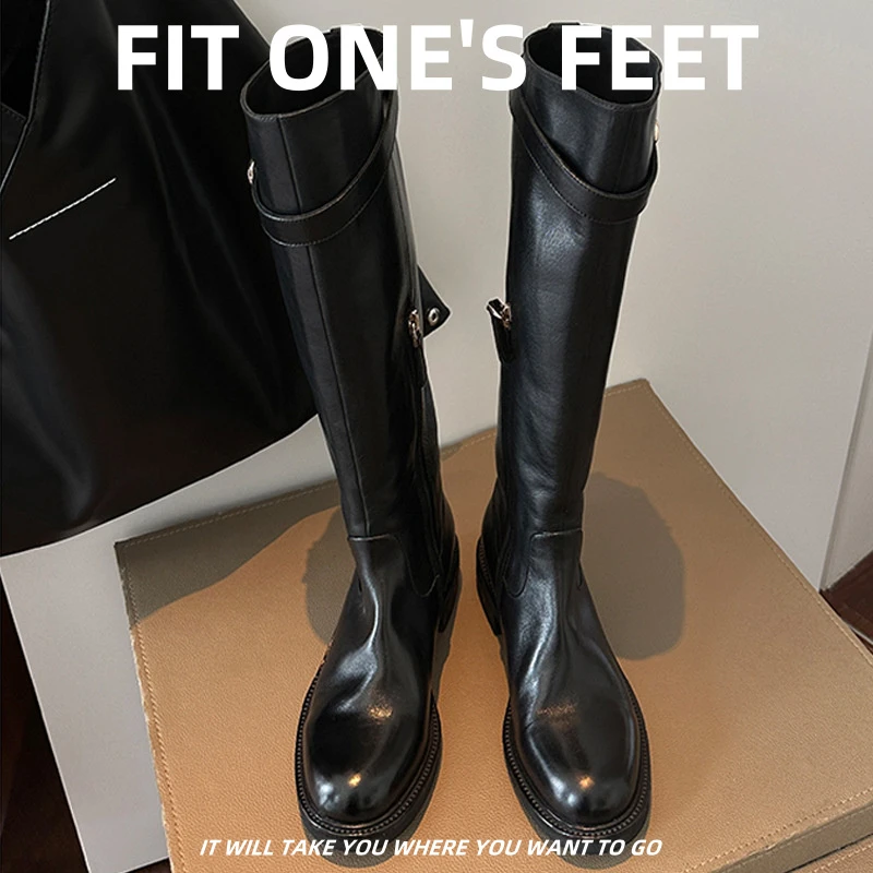 水洗牛皮~真皮圆头显瘦长靴粗跟皮带扣骑士靴女褶皱高筒靴长筒靴