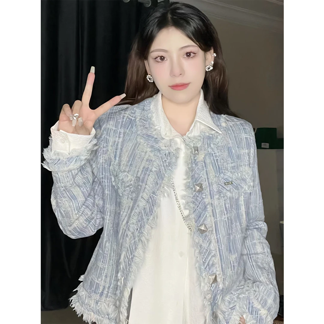 小香风修身牛仔短外套时尚设计感潮流毛边长袖上衣女潮ins3221#