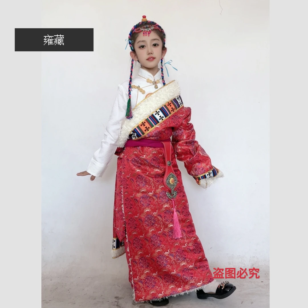 秋冬加绒藏袍女童缎面加绒藏族服装结婚锅庄表演藏服装藏袍藏服