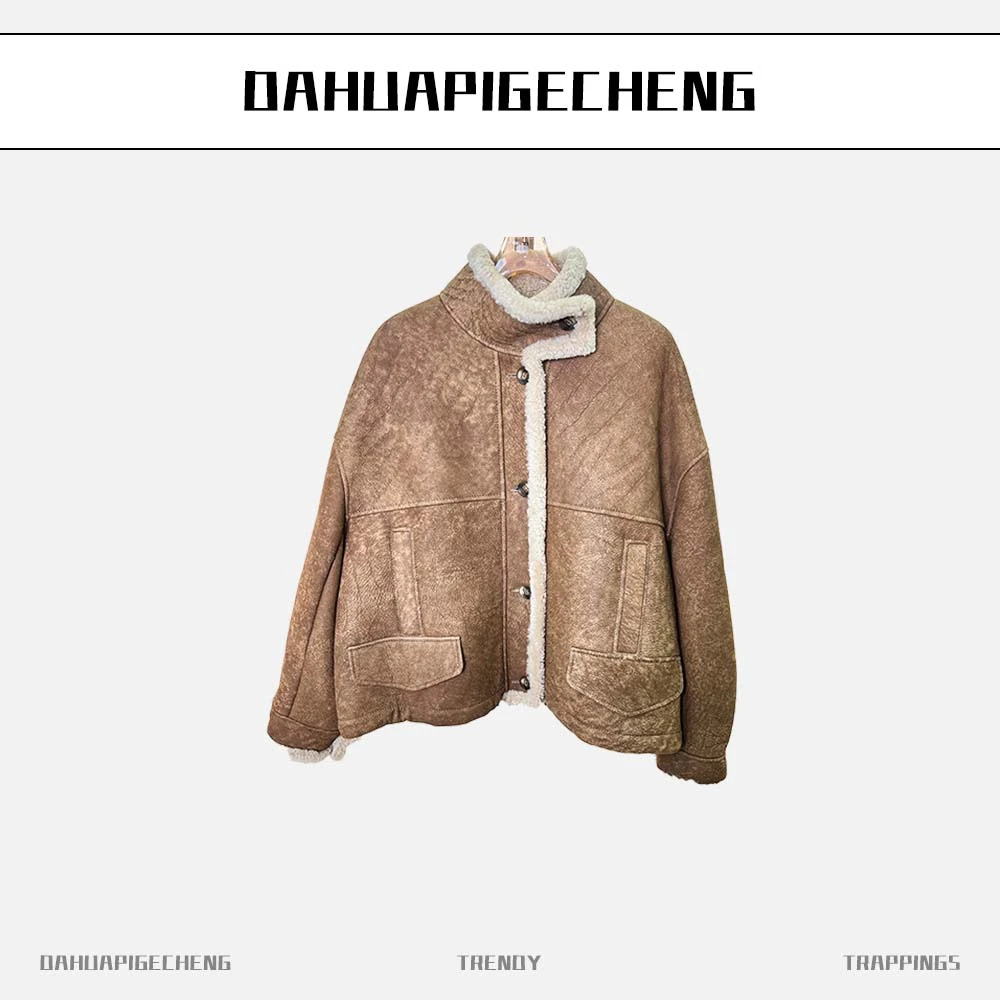 羊羔毛冬季新款立领皮毛一体外套女短款羊毛加厚款24084