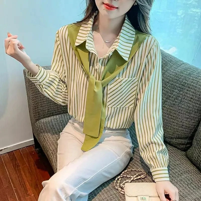 012假两件竖条纹衬衫女春秋装新款大码宽松显瘦百搭洋气长袖上衣