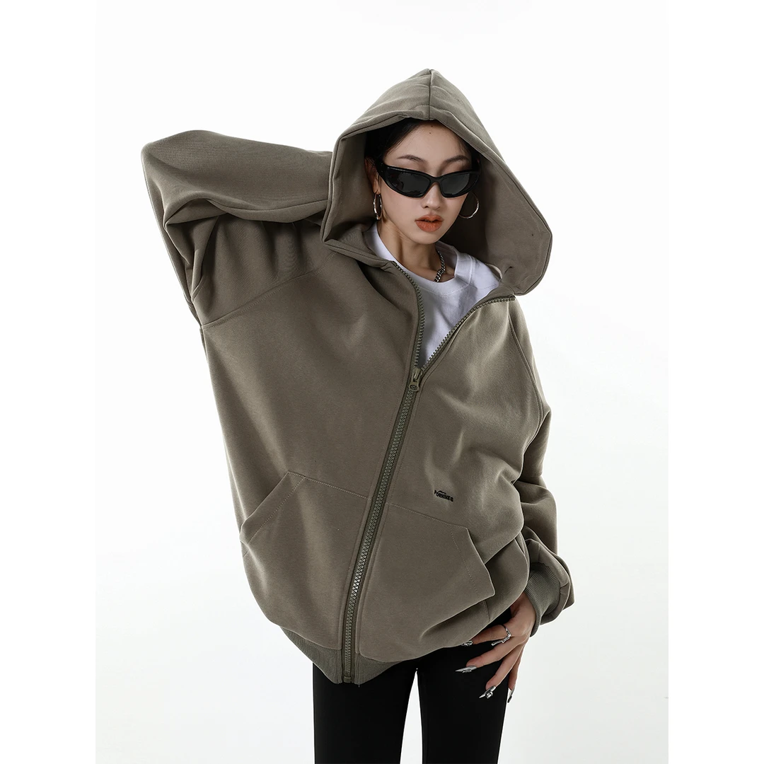 VUMP重磅质感纯色开衫加厚外套女春秋冬宽松美式街头连帽卫衣立体