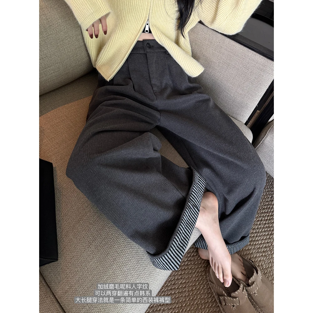 VUMP清潭洞欧尼人字纹磨毛翻边两穿随意调调加厚呢料裤女秋冬新款