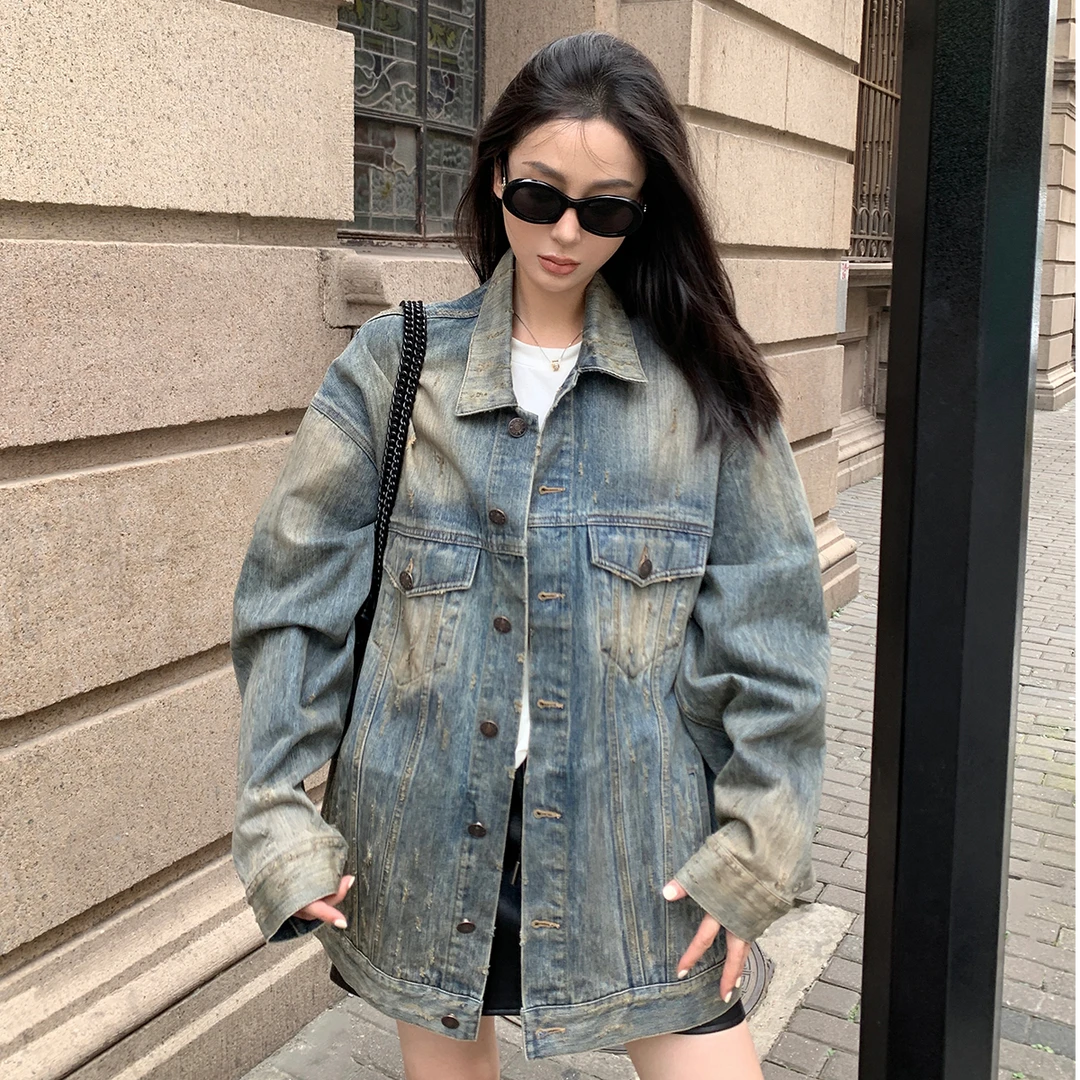 VUMP重工水洗做旧做脏牛仔外套女春秋季新款复古宽松廓形休闲上衣