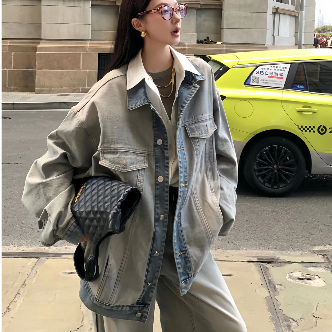 VUMP双面穿牛仔外套女春秋新款宽松复古夹克设计感小众休闲上衣潮