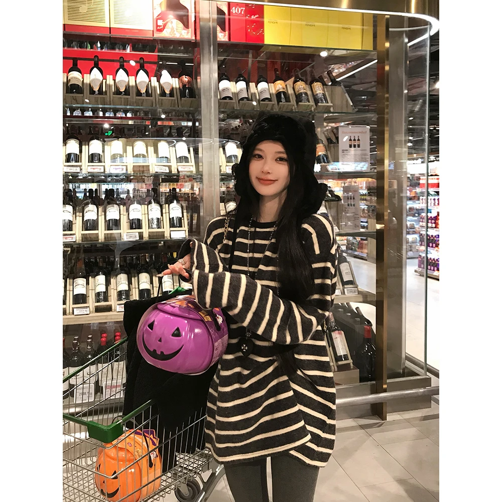 VUMP 海盐奥利奥绒绒慵懒宽松显瘦长袖条纹t恤女秋冬季保暖打底衫