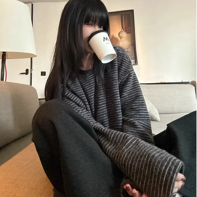 VUMP海盐奥利奥2.0加厚版本随意穿搭慵懒显瘦绒绒条纹t恤秋冬新款