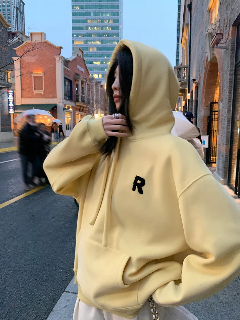 VUMP抽绳休闲卫衣女秋冬2024新款慵懒宽松美式加绒上衣连帽外套潮