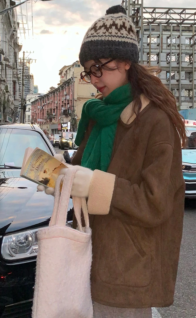 VUMP甜酷两穿皮毛一体翻领麂皮短款复古直筒毛毛短外套秋冬女保暖