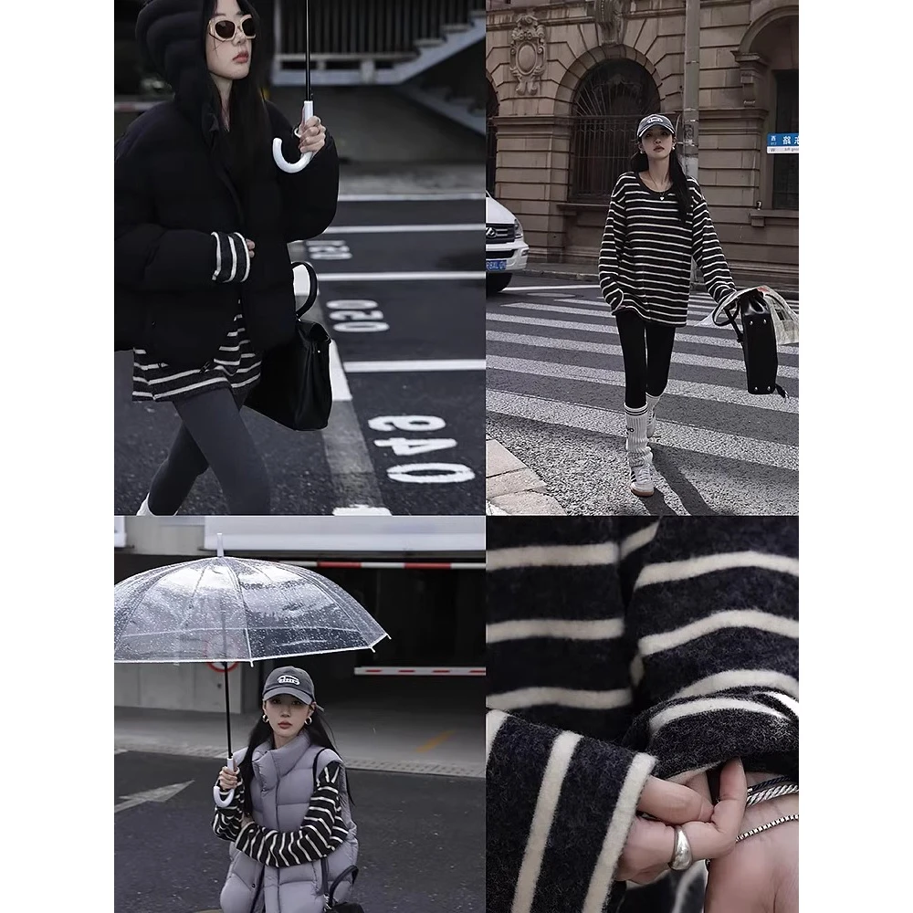 VUMP设计感日系撞色条纹针织衫女秋冬季宽松显瘦毛呢长袖上衣保暖