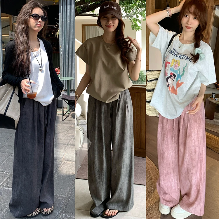 VUMP微皱烟雾裤春夏季薄款宽松美式小众设计休闲抽绳阔腿裤女新款