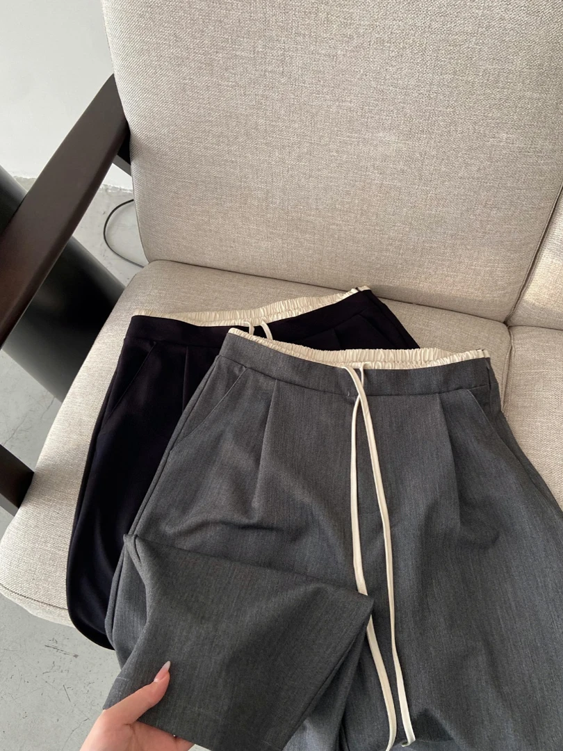 VUMP新款西装裤松紧腰抽绳设计宽松显瘦大长腿阔腿裤休闲裤女通勤