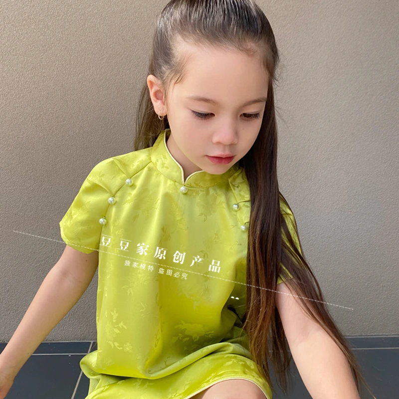 豆豆家原创儿童亲子款旗袍2023新夏复古连衣裙女童民国风古风中式