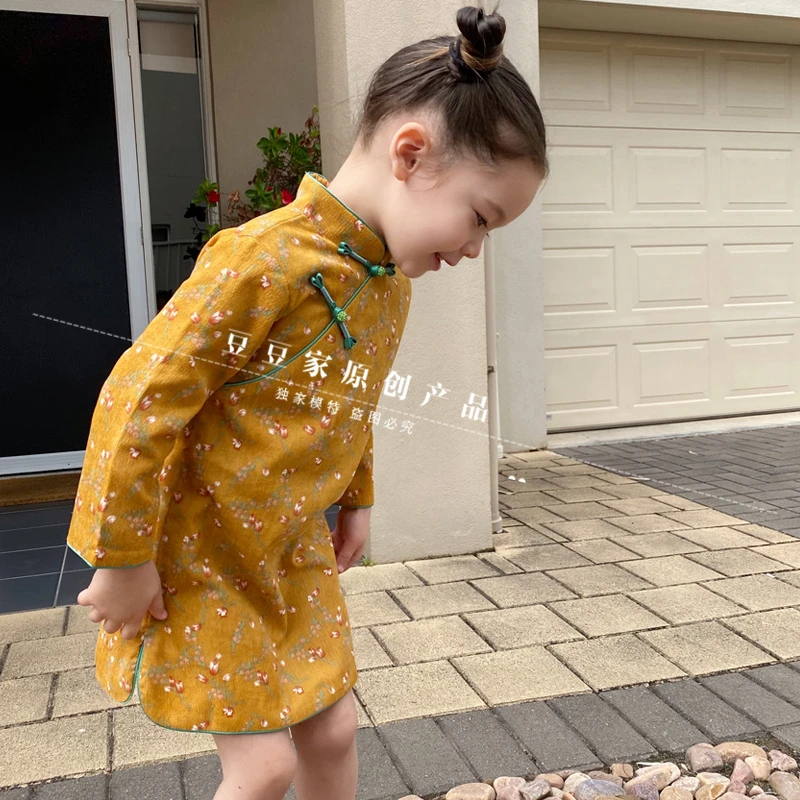 豆豆家女童旗袍冬装儿童加厚灯芯绒旗袍裙拜年服女宝宝小碎花旗袍