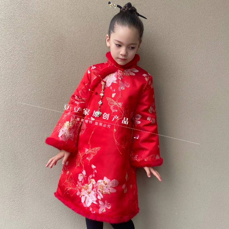 豆豆家原创冬季女童棉衣旗袍儿童中国风拜年服女宝宝红色旗袍裙子