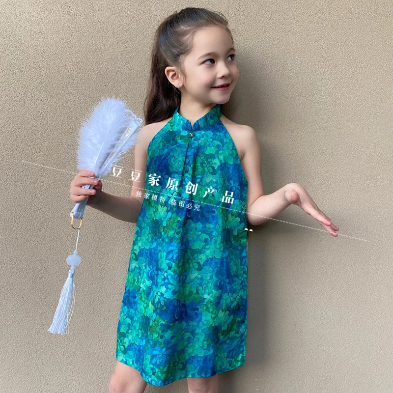 豆豆家定制女童连衣裙夏装女孩旗袍夏季露背吊带裙女宝宝洋气汉服