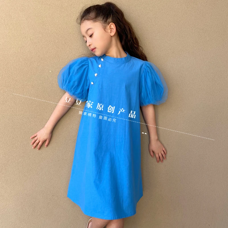 【风铃蝶衣】夏季女童连衣裙拼纱纯色中大童裙子中国风儿童旗袍