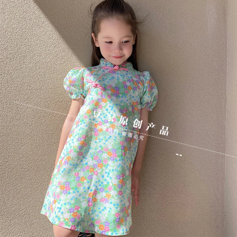 豆豆家定制童装新款儿童洋气国风旗袍女童碎花夏装复古裙子宝宝夏