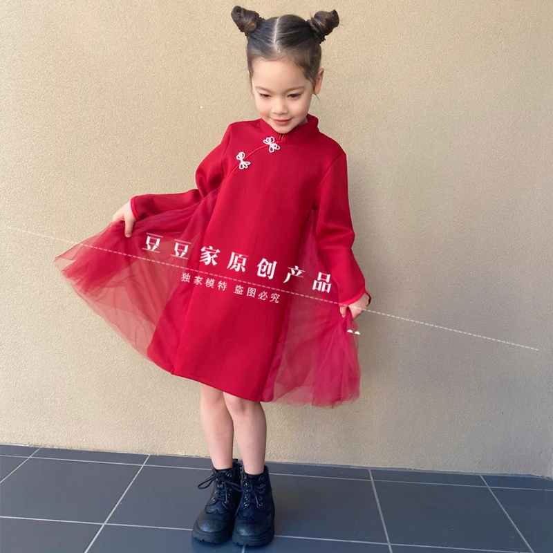 豆豆家原创儿童旗袍秋款中国古风女童超仙汉服女宝宝红色旗袍新年