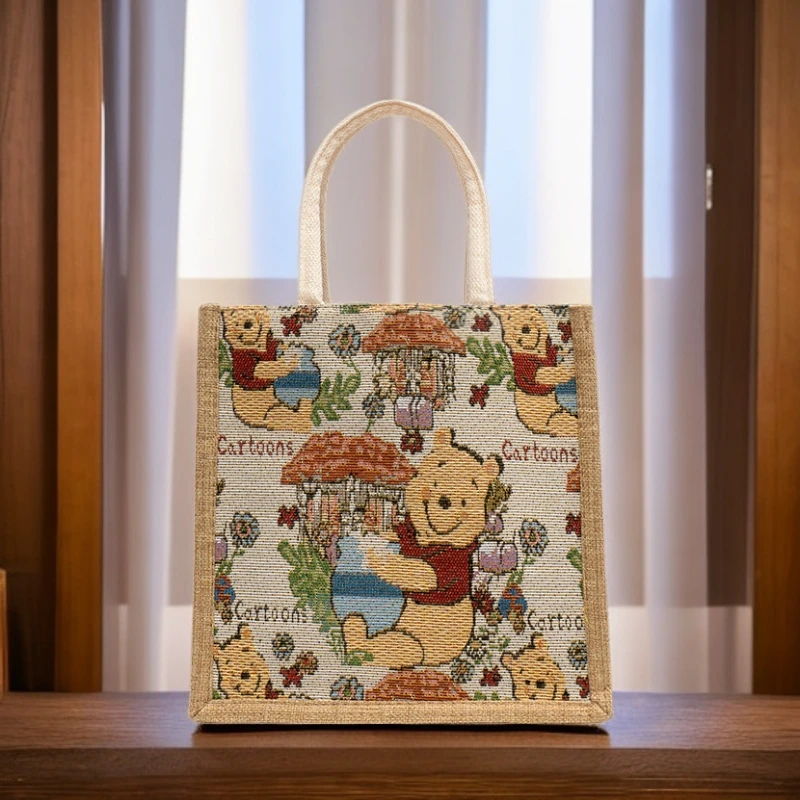 卡通刺绣棉麻手提时尚跨大容量便携购物收纳袋手提包收纳包袋子