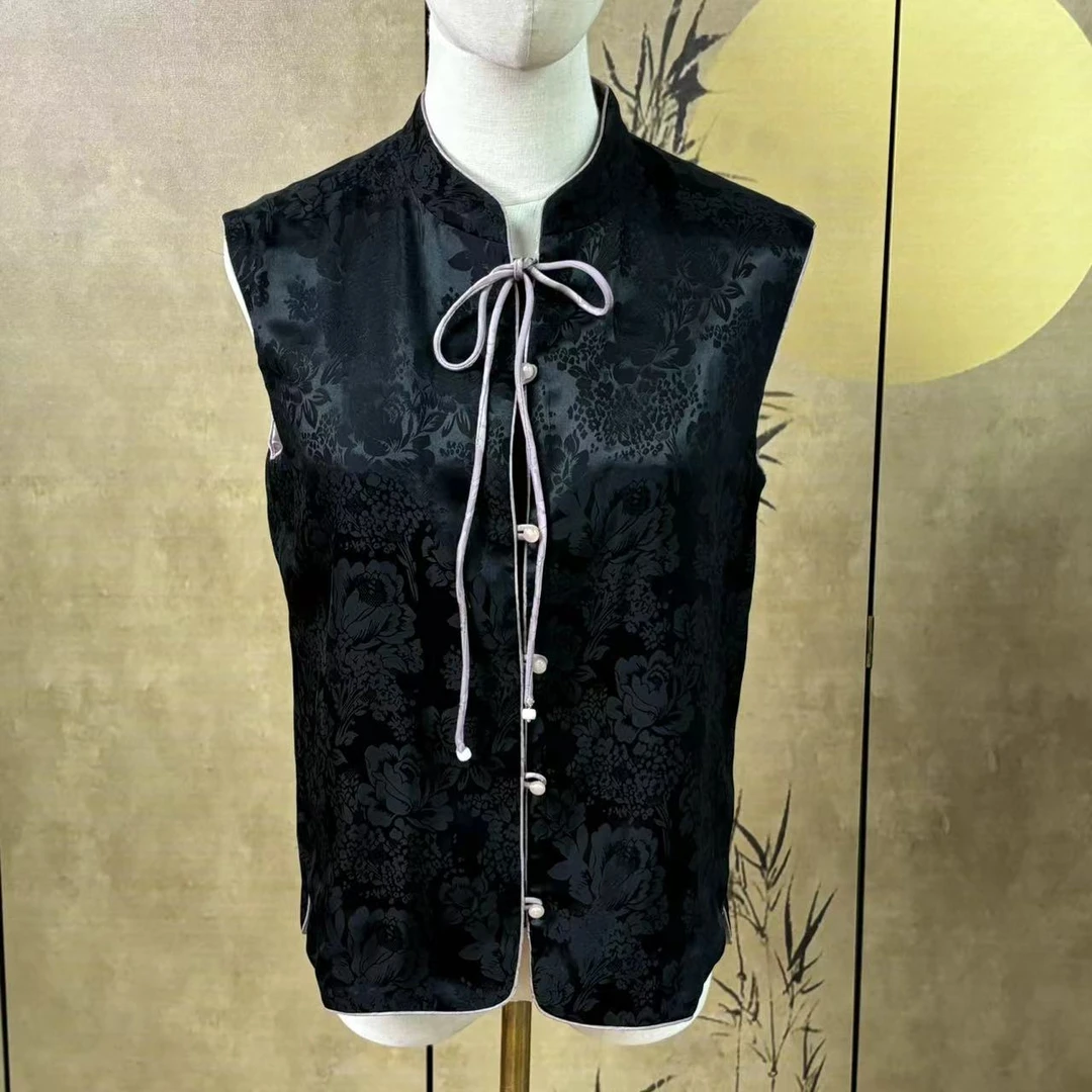 锦丝院[微瑕黑雾]设计师款百搭时尚黑色马甲6526963夏季复古国风