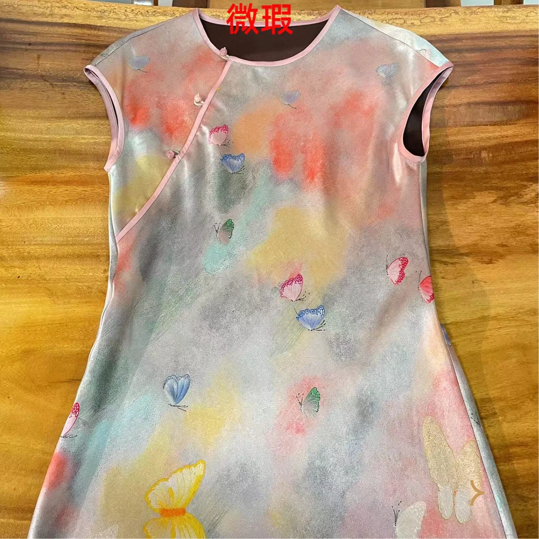 锦丝院【微瑕七彩祥云】夏末宠粉斜裁香云纱重缎皮连衣裙662235