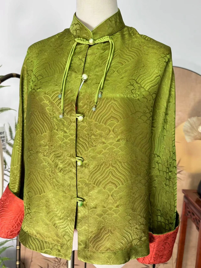 锦丝院【粉绿佳人】江崖海浪纹绿色新中式桑蚕丝提花外套661375