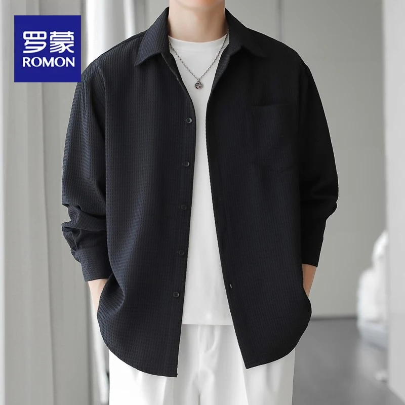 罗蒙男士百搭潮牌休闲衬衣外套2025春秋款长袖衬衫华夫格工装上衣