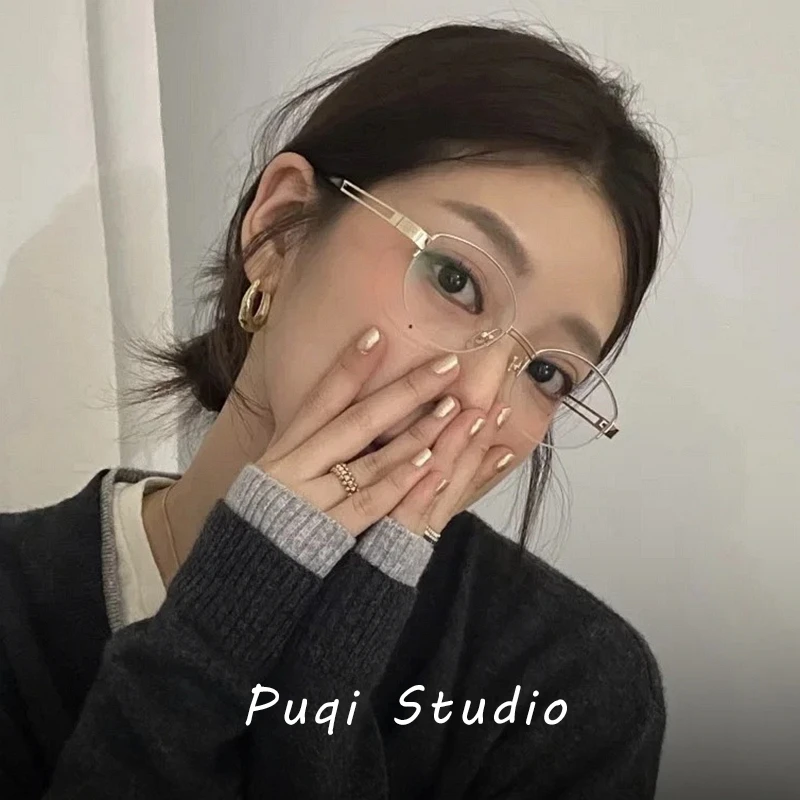 韩版半框眼镜女款圆脸显瘦可配近视镜有度数复古变色眼睛框架素颜