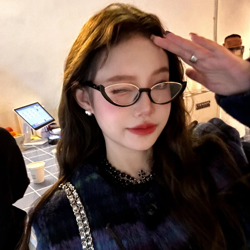 韩版小框复古猫眼平光镜女款潮小脸凹造型时髦摩登半框老花近视镜