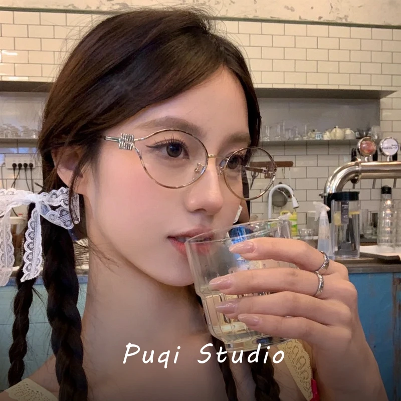 韩版金属椭圆形小框高级感气质镂空眼镜框女款潮金边素颜近视镜架