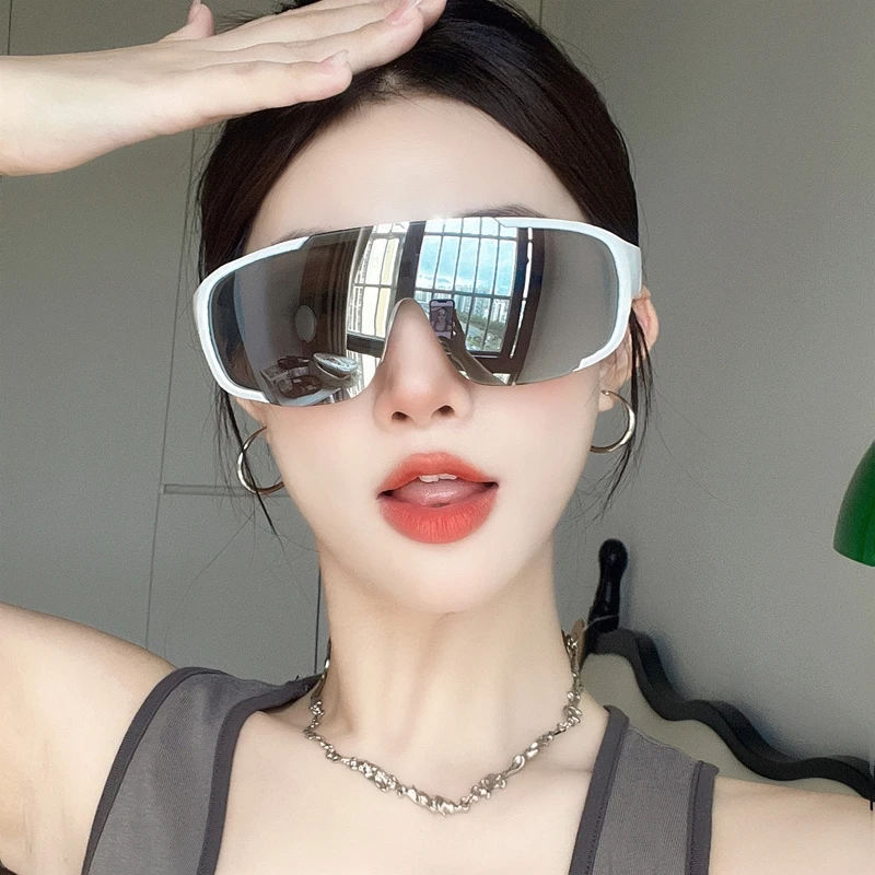 白色水银色反光骑行镜女款潮可爱登山护目镜显脸小圆脸大框太阳镜