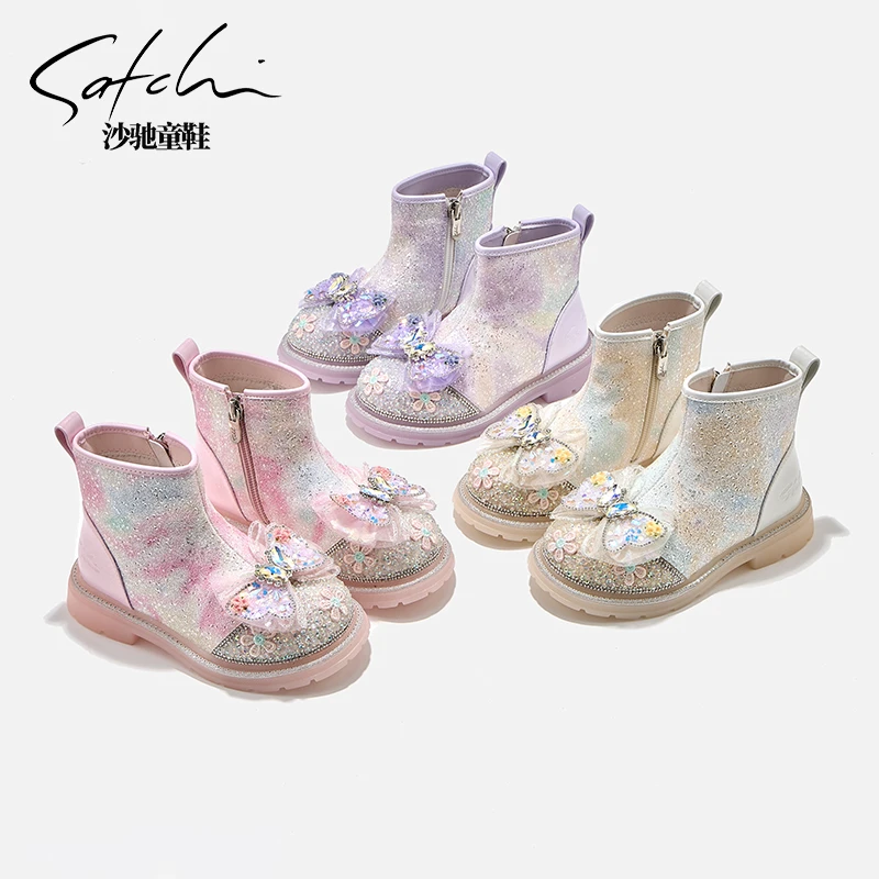 沙驰童鞋女童马丁靴秋季新款公主靴时尚百搭短靴儿童靴子24703